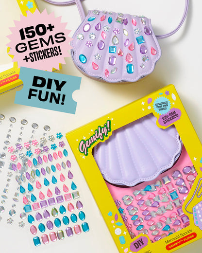 Lavender DIY gem purse with colorful jewel stickers, shown with gem sheets
