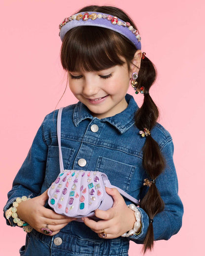 Lavender sparkle gem purse with colorful jewel appliques and short handles