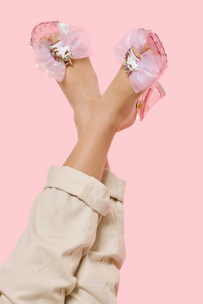 Pink glitter play shoes with unicorn charm and tulle bows, kids sandals