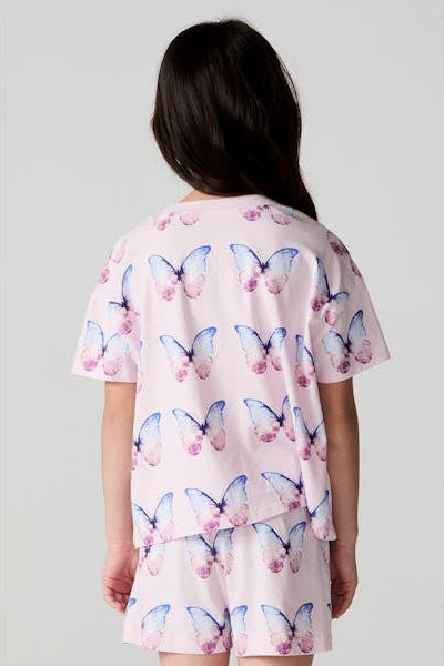 Girls' pink butterfly print tee from back, blue and pink butterfly pattern