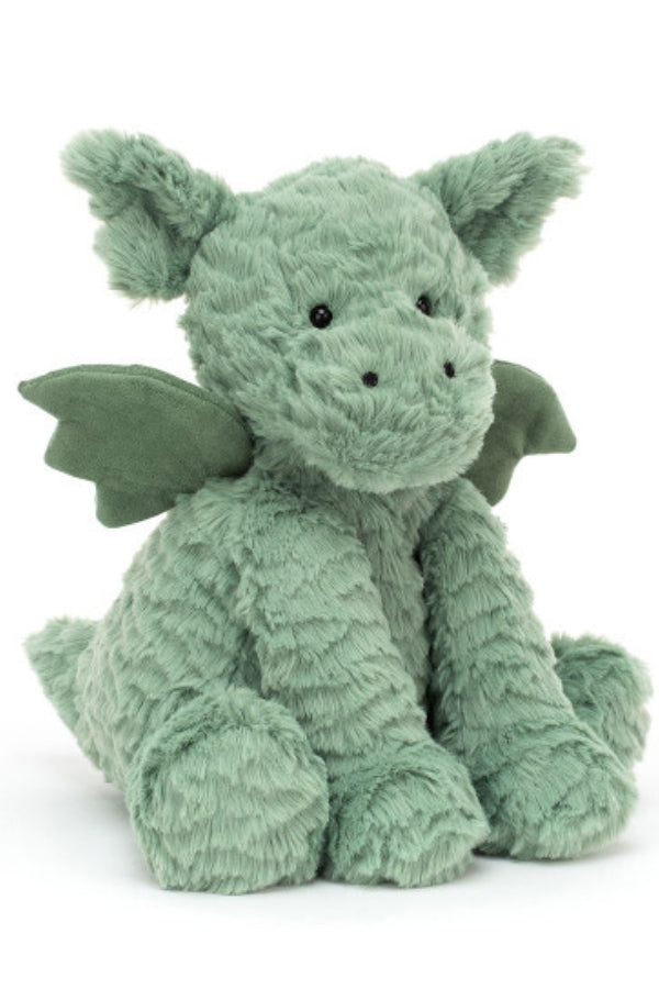 Sage green plush dragon stuffed animal with small wings and furry tail
