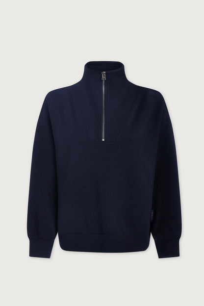 Navy half-zip pullover with stand collar and long sleeves, front zip detail