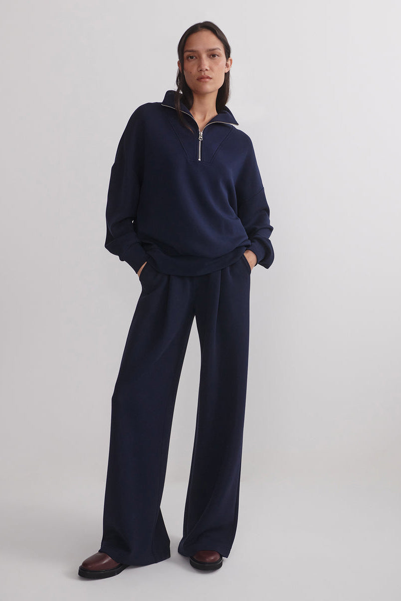 Navy extra wide-leg pants with full length wide leg and draped fit