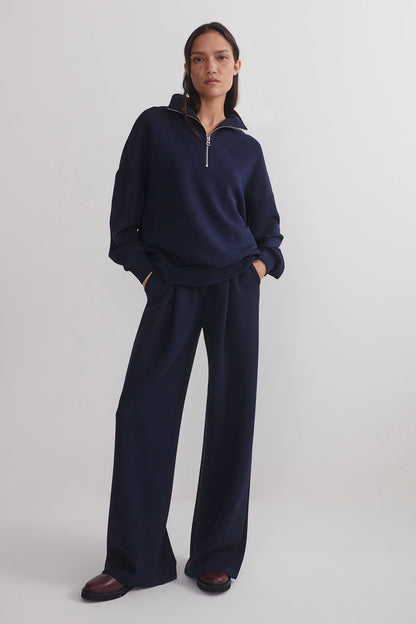 Navy extra wide-leg pants with full length wide leg and draped fit