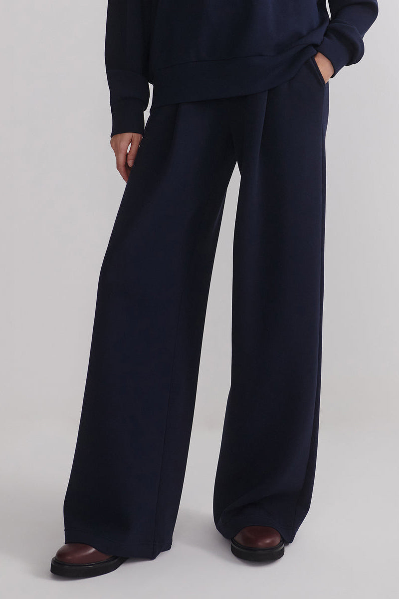 Navy extra wide-leg pants with relaxed waistband and wide straight legs