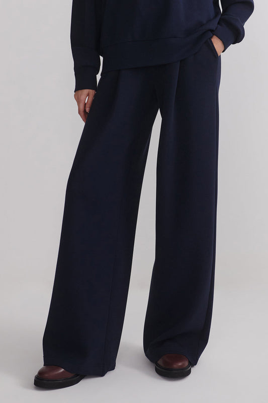 Navy extra wide-leg pants with relaxed waistband and wide straight legs