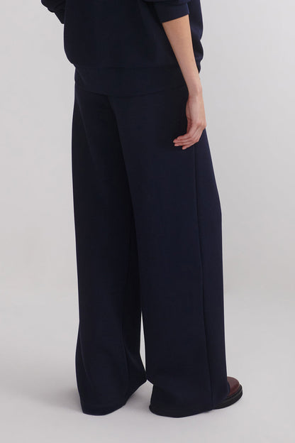 Navy extra wide-leg pants with side seam detail and wide straight leg