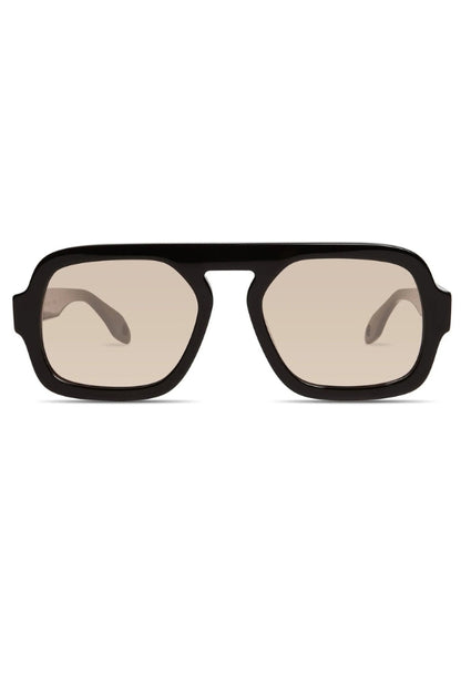 Gloss black polarized sunglasses with oversized rectangular frames and tinted lenses