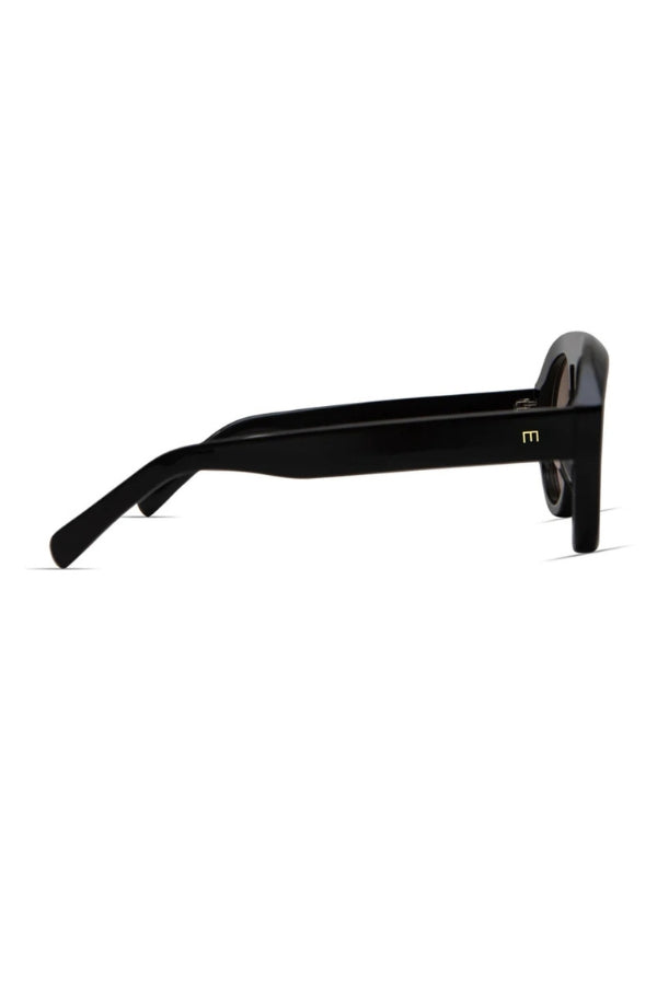 Gloss black oval sunglasses, side view with gold logo on temple