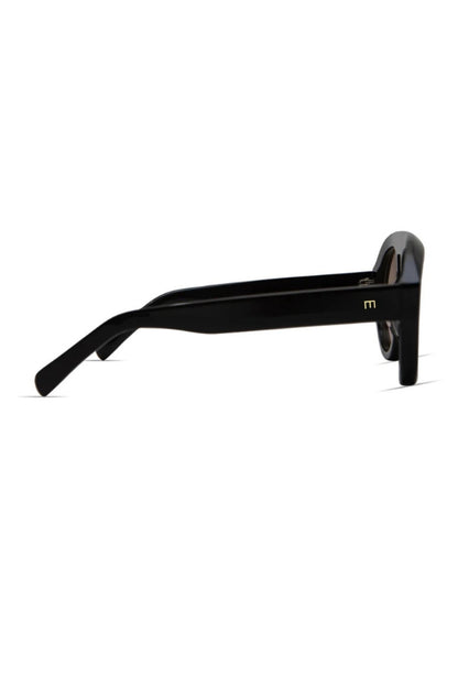 Gloss black oval sunglasses, side view with gold logo on temple