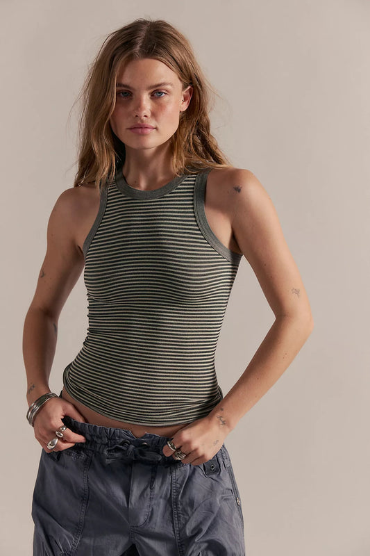 Seamless striped tank top, black-and-white ribbed knit with high crew neck