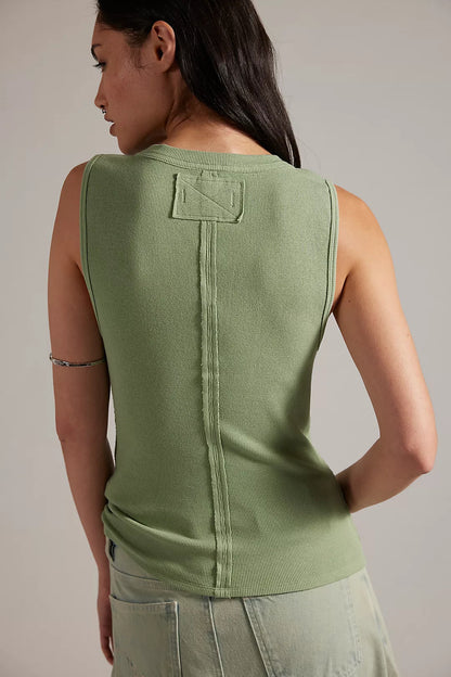 Green tank top with square back yoke and vertical stitching