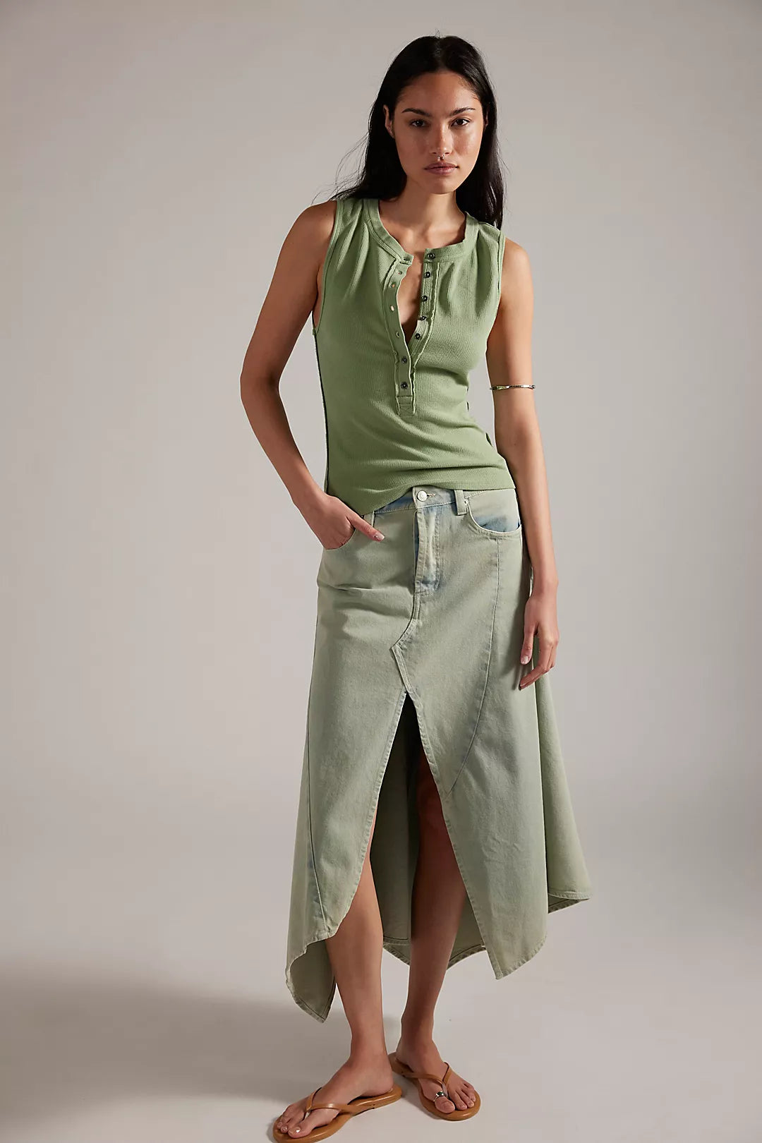 Green ribbed henley tank with button placket and scoop neckline