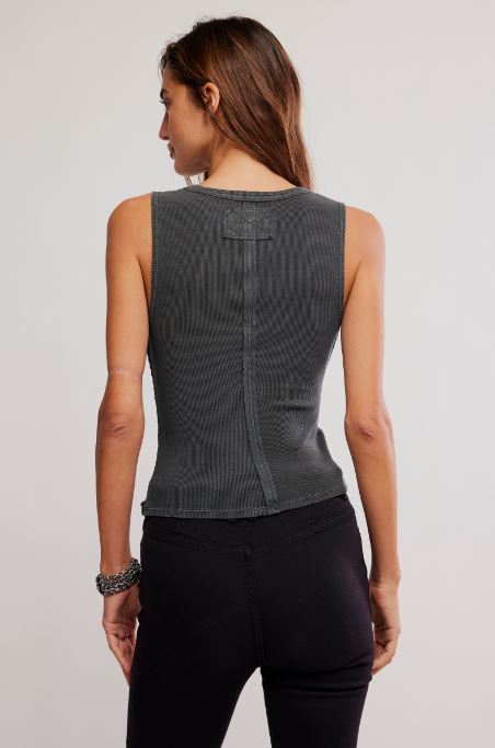 Charcoal ribbed henley tank top, back view with center seam detail.