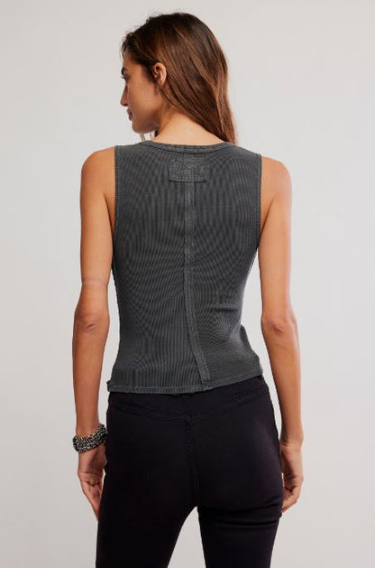 Charcoal ribbed henley tank top, back view with center seam detail.