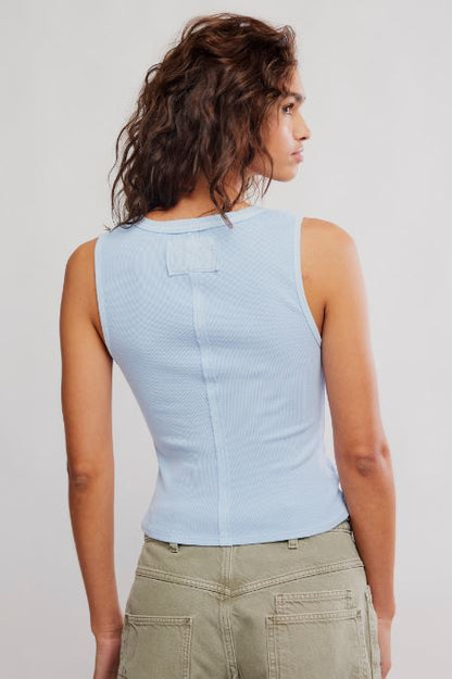 Light blue ribbed henley tank top, back view with center seam and yoke.