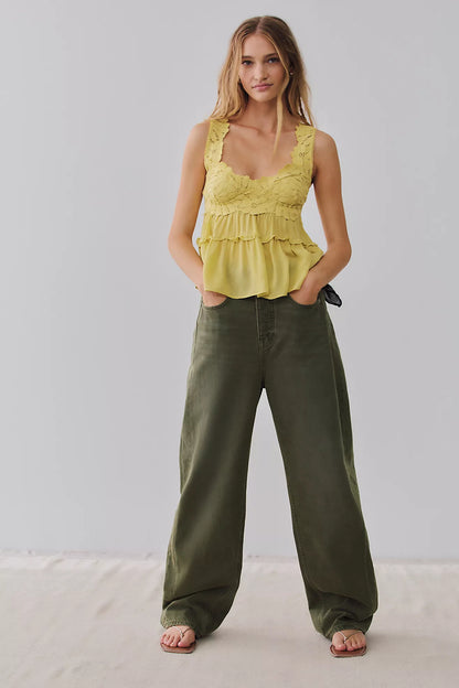 Lemon-yellow lace cami tank with layered ruffle hem and scalloped neckline