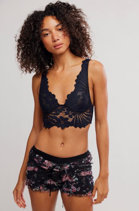 Black lace plunge bralette with scalloped edges and thin adjustable straps