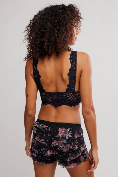 Black lace plunge bralette with scalloped back and adjustable shoulder straps