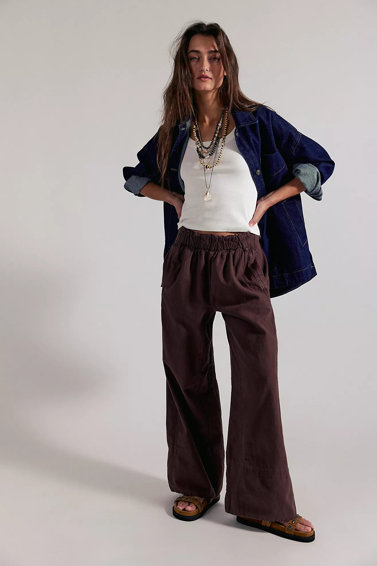 Linen pull-on pants in dark brown, elastic waist and wide straight legs