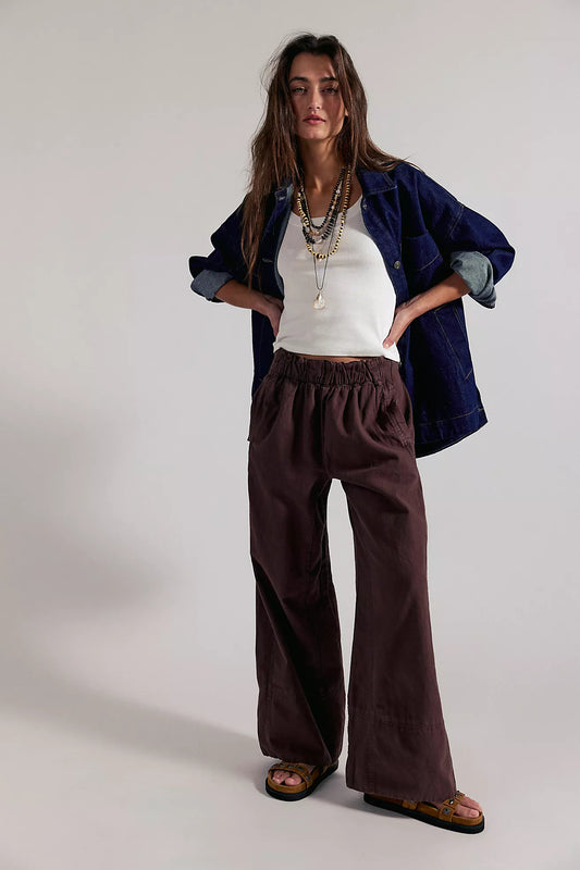 Linen pull-on pants in dark brown, elastic waist and wide straight legs