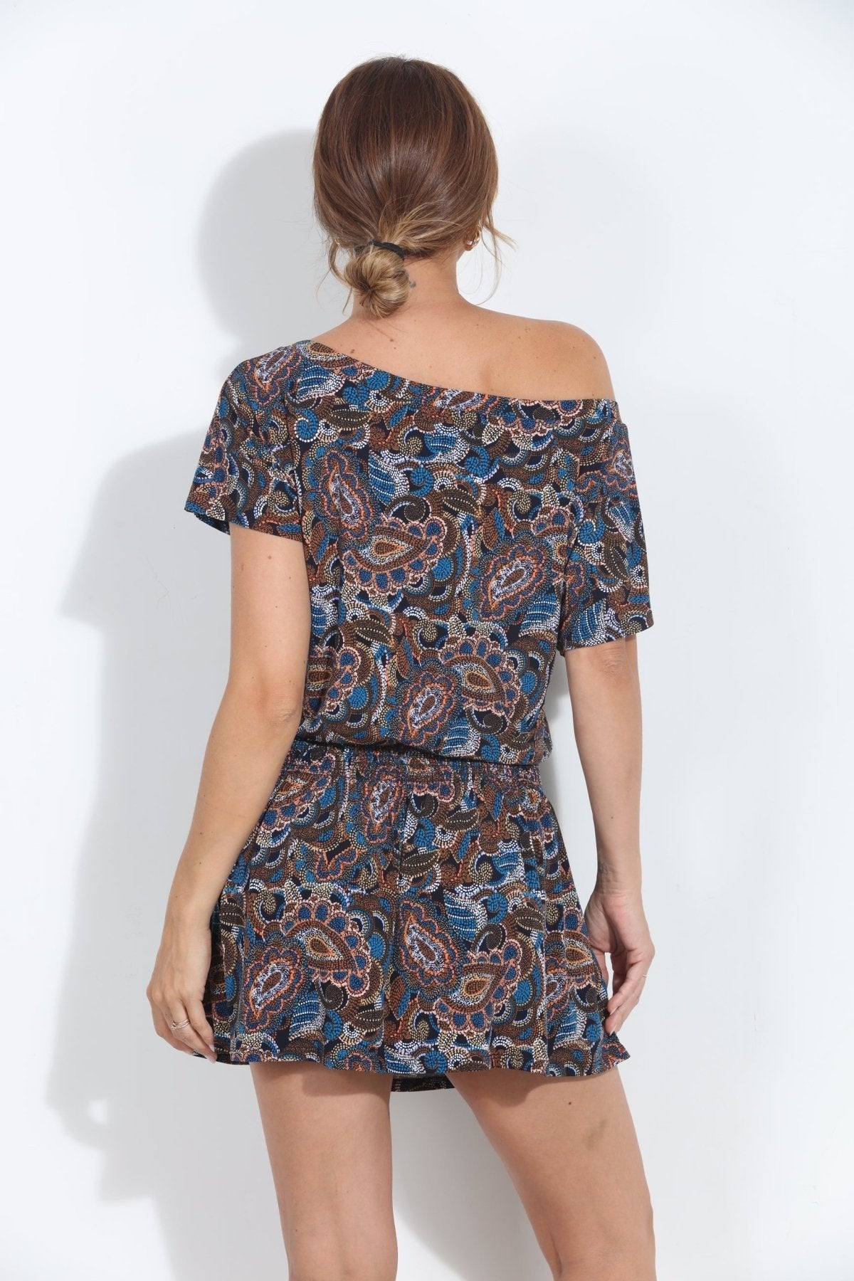 Off-shoulder smocked mini dress, back view, blue paisley print