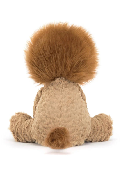 Medium tan lion plush toy, back view with mane and paws on ground