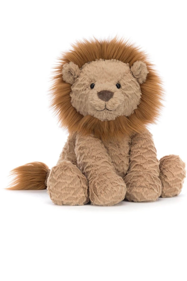 Medium tan lion plush toy with fuzzy mane, seated and facing forward