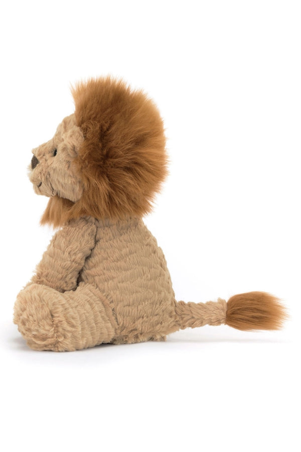 Medium tan lion plush toy in side view, mane and tail visible