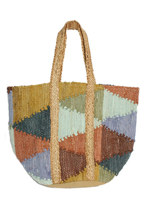 Multicolor patchwork tote handbag with woven texture and long rope handles