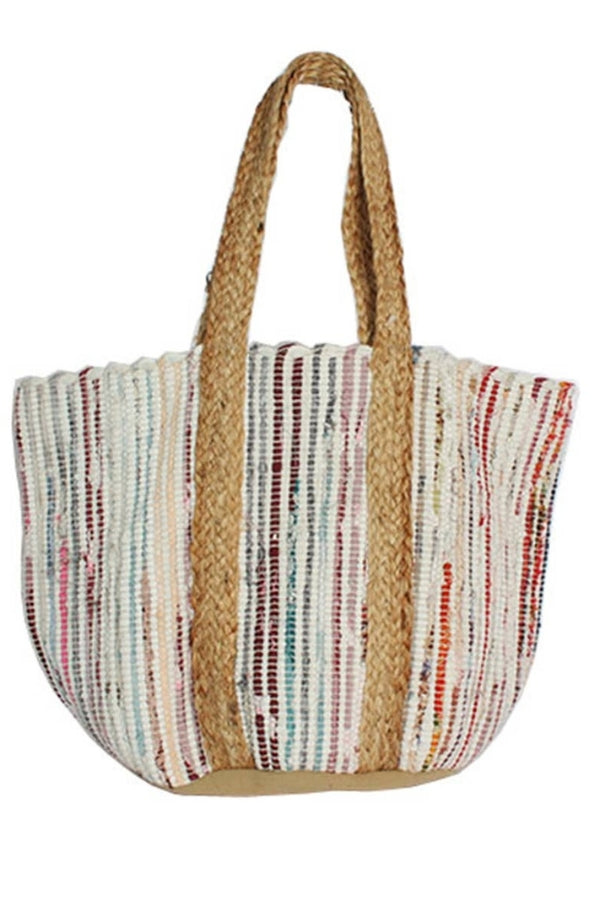 Multicolor striped decorative tote bag with jute rope handles