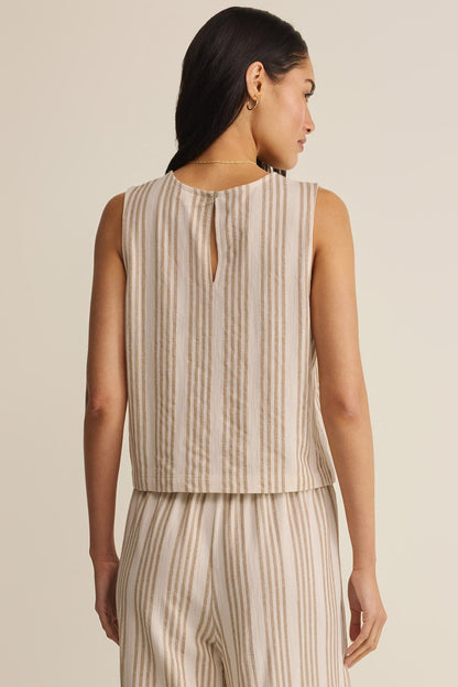 Striped knit sleeveless top, keyhole back with vertical tan stripes on light beige