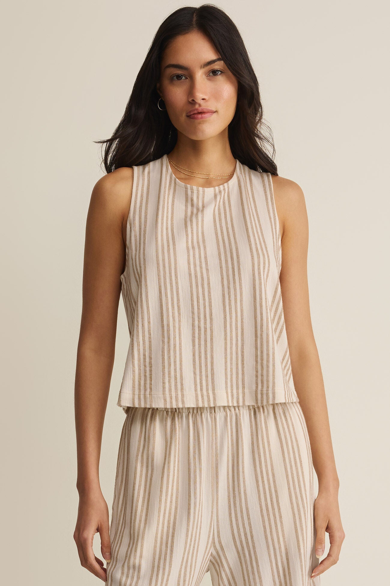 Sleeveless striped knit top, crew neck, light beige with vertical tan stripes