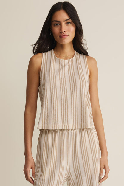 Sleeveless striped knit top, crew neck, light beige with vertical tan stripes