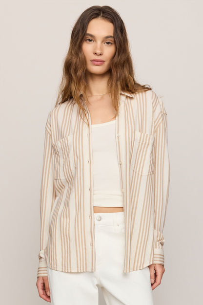 Striped button-up shirt with chest patch pockets, collar, and button front