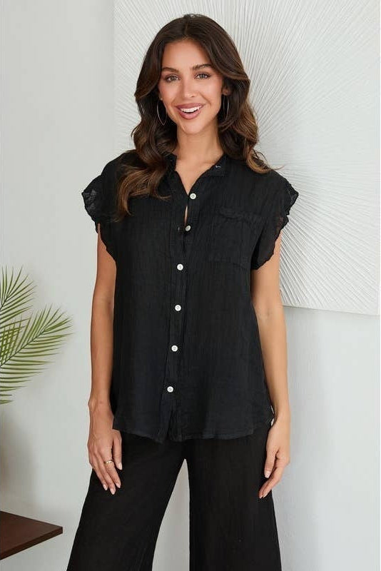 Black linen short-sleeve button-down ruffle top with front buttons