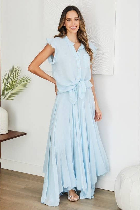 Sky blue linen short-sleeve button-down ruffle top with tie waist