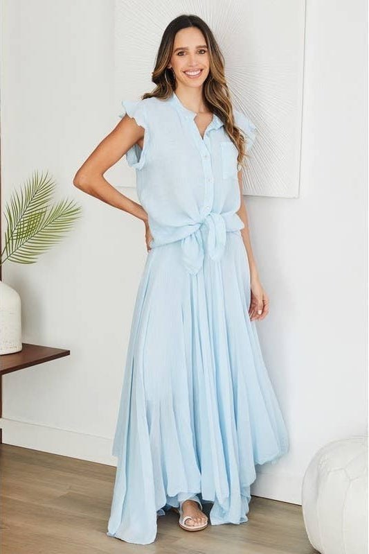 Sky blue linen short-sleeve button-down ruffle top with tie waist