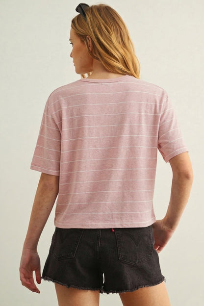 Striped linen top in pink with white horizontal stripes, back view, short sleeves