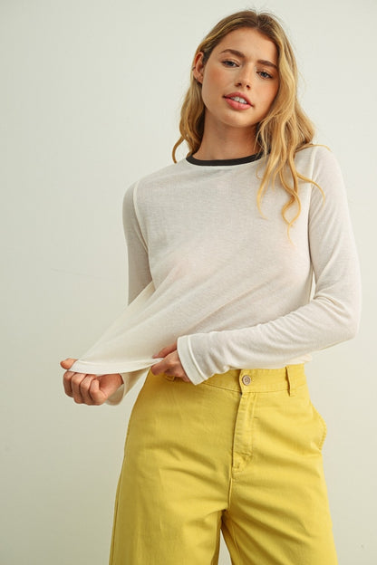 Cream ringer long-sleeve top with contrast navy crew neck and cuff trim