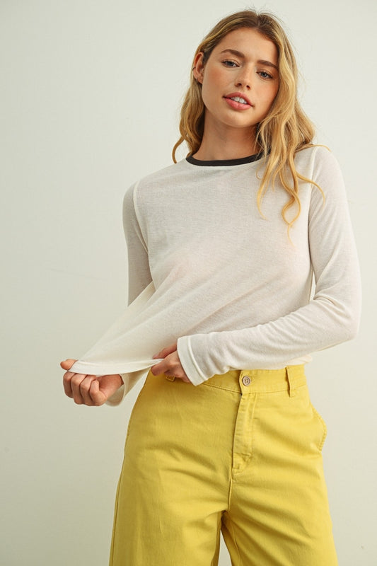 Cream ringer long-sleeve top with contrast navy crew neck and cuff trim