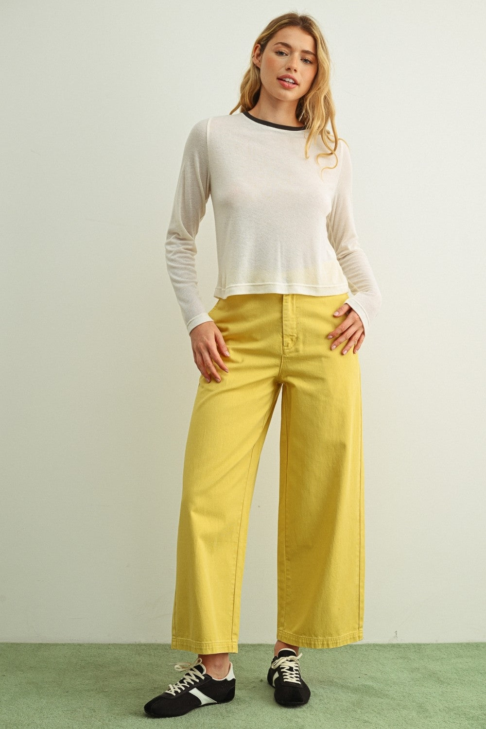 Cream ringer long-sleeve top with contrast navy crew neck and long sleeves
