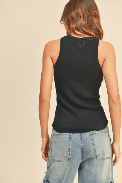 Black ribbed tank top back view, sleeveless fitted knit with crew neckline.