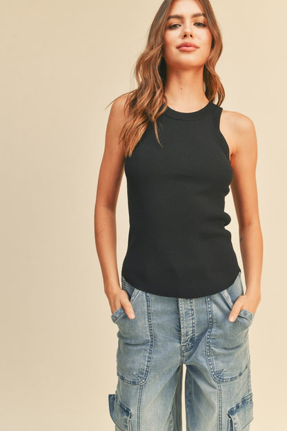 Black ribbed tank top front view, sleeveless high crew neck ribbed fabric.