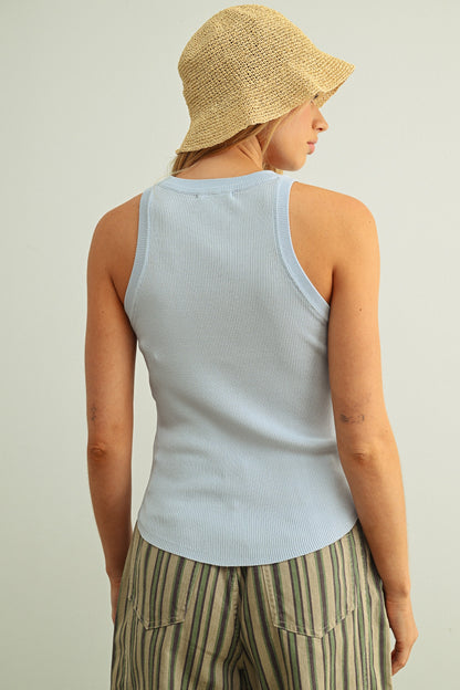 Light blue ribbed tank top back view, sleeveless fitted ribbed knit crew neck.