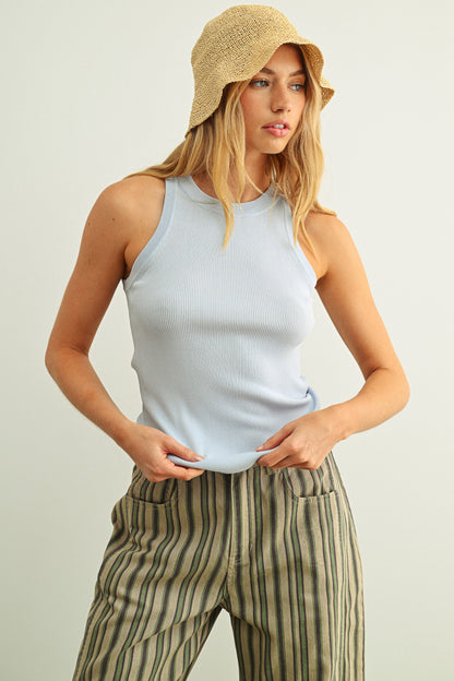 Light blue ribbed tank top, sleeveless crew neck fitted ribbed knit.