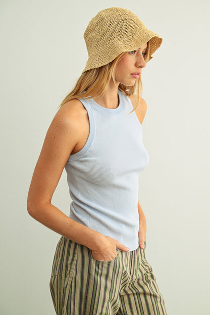 Light blue ribbed tank top side profile, sleeveless fitted crew neck ribbed knit.