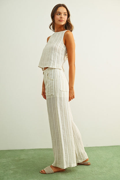 Stone stripe linen wide-leg pants with high waist and patch pockets