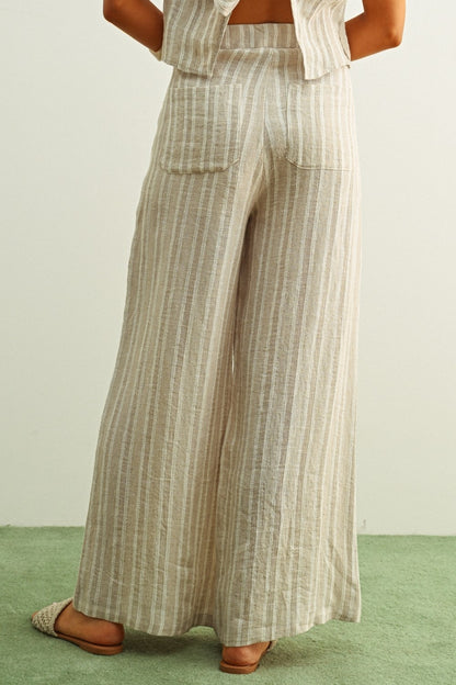 Stone stripe linen wide-leg pants with high rise and loose drape