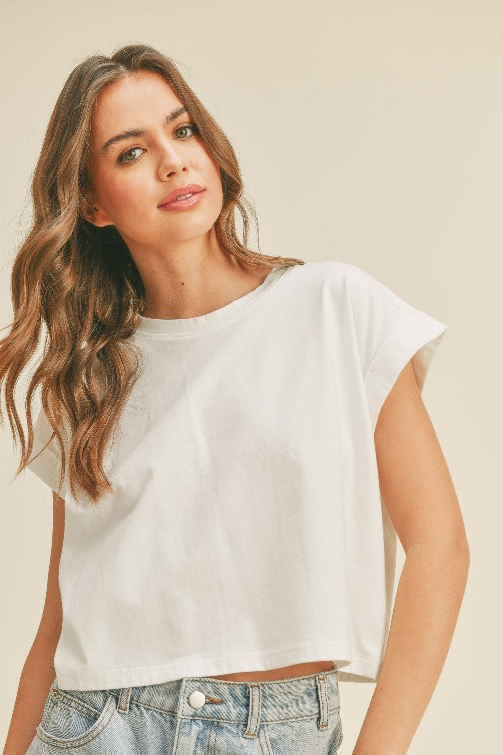 ROUND NECK CUFF SLEEVE TOP
